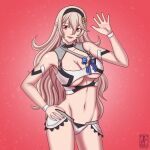  1girl 4thanysc alluring big_breasts bikini brownish_silver_hair cleavage corrin_(fire_emblem) corrin_(fire_emblem)_(female) fire_emblem magenta_eyes nintendo sokloeum waving_at_viewer 