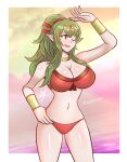  1girl 1girl alluring big_breasts bikini cleavage fire_emblem fire_emblem_awakening fire_emblem_heroes green_eyes green_hair long_hair nintendo one_eye_closed open_mouth pointy_ears pointy_teeth ponytail raydango red_bikini red_swimsuit smile swimsuit tiki_(adult)_(fire_emblem) tiki_(adult)_(summer)_(fire_emblem) tiki_(fire_emblem) 