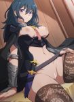 1girl alternate_legwear blue_eyes breasts breasts_out_of_clothes byleth_(fire_emblem) byleth_(fire_emblem)_(female) closed_mouth dagger fire_emblem fire_emblem:_fuukasetsugetsu high_resolution nipples sheath sheathed sitting sollyz stockings teal_hair weapon