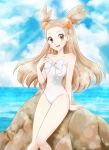 1girl alluring bare_legs bikini brown_hair clouds grin hair_ornament jasmine_(pokemon) legs nintendo ocean open_mouth pokemon pokemon_(master_quest) pokemon_(the_johto_journeys) pokemon_gsc pokemon_hgss sitting swimsuit tsaianda_(artist) white_swimsuit