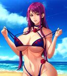 1girl alluring alternate_costume ass bare_shoulders beach big_breasts bikini bikini_pull blue_bikini blue_sky blue_swimsuit breasts choker cleavage clothes_pull cloud collar commission cowboy_shot cut_bangs day female_only fire_emblem fire_emblem_engage flower high_res highleg highleg_bikini horizon ivy_(fire_emblem) kerana_art long_hair looking_at_viewer mole mole_under_mouth navel nintendo ocean open_mouth outside purple_eyes purple_hair rose sand sky smile spiked spiked_collar spikes strip_tease striptease swimsuit teasing thorn_print undressing water wide_hips