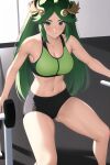  1girl alluring athletic_female dumbbell female_abs fit_female green_eyes green_hair gym gym_equipment gym_shorts kid_icarus nightcore_(artist) nintendo palutena sports_bra 