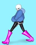 1boy 2020s 2023 2d 2d_(artwork) alternate_legwear animated_skeleton blue_background blue_hoodie blue_jacket boots cyan_background digital_media_(artwork) footwear high_heel_boots hooded_jacket hoodie jacket looking_at_viewer male male_only mellouwana monster pink_boots pink_high_heel_boots sans sans_(undertale) shoes simple_background skeleton solid_color_background solo undead undertale undertale_(series) video_games