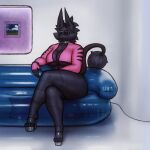  1girl anthro anthro_only big_ass big_breasts bikini black_fur black_hair female female_anthro female_only fluffy_tail milf pink_bikini posing seductive sligarthetiger sofa sunglasses tail tall_female wolf 