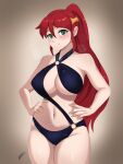 1girl 1girl alluring bangs big_breasts blush circlet female_only green_eyes hands_on_hips high_ponytail long_hair looking_at_viewer morris ponytail pyrrha_nikos red_hair rwby shiny_hair shiny_skin sidelocks smile solo_female swimsuit thick_thighs voluptuous wide_hips