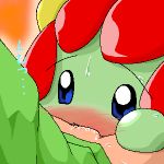 1boy artist_request bellossom blue_eyes blush bottomless creature fellatio lowres male_focus masato_(pokemon) oral orange_background pokemon pokephilia simple_background