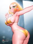  1girl alluring ass big_breasts bikini blonde_hair butt_crack elf gold_bikini green_eyes jaxdrawz legs looking_at_viewer looking_back nintendo pointy_ears princess_zelda puckered_lips short_hair sideboob swimsuit the_legend_of_zelda the_legend_of_zelda:_tears_of_the_kingdom thick_thighs thighs 