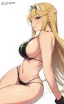 1girl alluring big_breasts bikini blonde_hair blush breasts looking_at_viewer mythra namu_(112namu) nintendo swimsuit thighs tiara white_background xenoblade_(series) xenoblade_chronicles_2