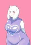  1girl 2020s 2021 2d 2d_(artwork) absurd_res animal_ears anthro anthro_only arms_behind_back artist_name big_breasts blush body_fur boss_monster breasts bright_pupils caprine chubby chubby_female cowboy_shot delta_rune_(emblem) digital_media_(artwork) dress fangs female female_anthro female_only floppy_ears furry furry_female furry_only goat goat_ears goat_horns happy high_res horns huge_breasts looking_at_viewer mature mature_female milf monster monster_girl open_mouth pink_background purple_dress raglan_sleeves red_eyes signature simple_background skin_fangs smile snout solid_color_background solo solo_anthro solo_female standing toriel ukenya undertale undertale_(series) video_game_character video_games white_fur white_horns white_pupils white_sleeves wide_hips 