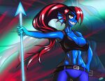  1girl 2020 2020s 2d 2d_(artwork) abs anthro anthro_only artist_name artist_signature belt belt_buckle big_breasts black_belt black_eyepatch black_eyewear black_topwear blue_body blue_bottomwear blue_pants blue_skin bottomwear breasts cleavage clothing dated digital_media_(artwork) ear_fins eyelashes eyepatch eyewear female_focus female_only fins fish fish_girl fully_clothed fully_clothed_female head_fins high_res holding_spear holding_weapon jeans large_filesize long_eyelashes long_hair long_red_hair looking_at_viewer monster monster_girl navel one_eye_covered pants ponytail red_eyes red_hair red_ponytail sharp_teeth slit_pupils smile smiling_at_viewer solo solo_anthro solo_female solo_focus spear teeth topwear twisted4k undertale undertale_(series) undyne video_game_character video_games weapon 