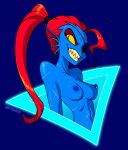 1girl 2020 2020s anthro anthro_only areola artist_name black_eyepatch black_eyewear blue_areola blue_background blue_body blue_nipples blue_skin breasts darthguyford eyelashes eyepatch eyeshadow eyewear female female_focus female_only fins fish fish_girl long_hair long_red_hair medium_breasts monster monster_girl navel nipple_piercing nipples non-mammal_breasts non-mammal_nipples nude nude_female one_eye_covered piercing ponytail red_eyes red_eyeshadow red_hair scar_on_face scar_on_stomach scars sharp_teeth simple_background slit_pupils smile solo solo_anthro solo_female solo_focus teeth undertale undertale_(series) undyne upper_body yellow_sclera