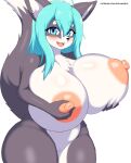 1girl 2022 absurd_res anthro areola big_breasts blue_eyes blue_hair blush breasts canid canine canis completely_nude_female cowboy_shot cute_fangs dog domestic_dog female_only furry hair hand_on_breast hanul highres holding holding_breast huge_breasts husky looking_at_viewer mammal navel nipple_pinch nipples nude nude_female open_mouth patreon patreon_reward pussy simple_background slightly_chubby smile soulkibble tail white_background