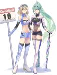 2_girls 2girls alluring alternate_costume armor big_breasts biker_clothes bikesuit blonde_hair blue_eyes bodysuit boots breasts cleavage female_focus fiora_(xenoblade) fujie-yz full_body glasses gloves green_eyes green_hair hair_ornament headband high_res jewelry long_hair looking_at_viewer matching_hair/eyes medium_breasts multiple_girls music navel nintendo pneuma_(xenoblade) ponytail race_queen short_hair short_shorts shorts simple_background singing skirt smile spoilers standing stockings thighhighs_under_boots umbrella white_background xenoblade_(series) xenoblade_chronicles_1 xenoblade_chronicles_2