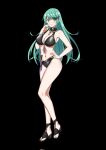  1girl alluring alternate_costume aqua_eyes aqua_hair bikini black_background black_bikini black_footwear blush breasts byleth_(female)_(summer)_(fire_emblem) byleth_(fire_emblem) byleth_(fire_emblem)_(cosplay) byleth_(fire_emblem)_(female) byleth_(summer)_(fire_emblem)_(female) cleavage commentary commentary_request contrapposto cosplay dagger english_commentary female_focus fire_emblem fire_emblem:_three_houses fire_emblem_heroes full_body hand_on_own_hip hand_to_own_mouth high_res jewelry knife long_hair looking_at_viewer matching_hair/eyes midriff navel necklace nintendo nottme pneuma_(xenoblade) sheath sheathed simple_background smile standing swimsuit toeless_footwear weapon xenoblade_(series) xenoblade_chronicles_(series) xenoblade_chronicles_2 