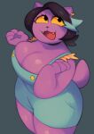 1girl anthro anthro_only big_breasts breasts cat catty_(undertale) cleavage fangs felid feline felis female female_anthro female_only furry furry_female furry_only huge_breasts looking_up open_mouth purple_body purple_fur readraws reahmi simple_background solo_anthro solo_female solo_focus tail thick_thighs thighs undertale undertale_(series) wide_hips yellow_sclera yellow_teeth