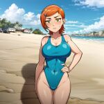  1girl aged_up ai_generated beach ben_10 big_breasts blue_one-piece_swimsuit blue_swimsuit blush breasts cartoon_network cats62 cleavage earrings female green_eyes gwen_tennyson hairclip hand_on_hip jewelry light-skinned_female light_skin looking_at_viewer navel navel_visible_through_clothes one-piece_swimsuit orange_hair short_hair standing stockings sweat sweatdrop swimsuit teen thighs tight_clothing tight_swimsuit tight_swimwear voluptuous voluptuous_female wide_hips 