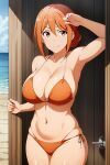  1girl alluring beach big_breasts bikini blue_sky by_door cleavage milf ocean orange_hair posing red_eyes under_boob yahari_ore_no_seishun_lovecome_wa_machigatteiru. yuigahama_yui&#039;s_mother zengai 