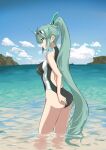  1girl absurd_res alluring alternate_costume aotsuba big_breasts breasts competition_swimsuit green_eyes green_hair high_res long_hair ocean one-piece_swimsuit pneuma_(xenoblade) ponytail swept_bangs swimsuit tiara very_long_hair water xenoblade_(series) xenoblade_chronicles_(series) xenoblade_chronicles_2 