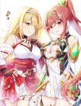  2_girls alluring alternate_costume aunt_and_niece big_breasts blonde_hair breasts chest_jewel glimmer_(xenoblade) glimmer_(xenoblade)_(cosplay) mythra_(xenoblade) mythra_(xenoblade)_(cosplay) red_eyes ui_frara xenoblade_(series) xenoblade_chronicles_(series) xenoblade_chronicles_2 xenoblade_chronicles_3 xenoblade_chronicles_3:_future_redeemed yellow_eyes 