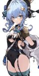 1girl adapted_costume appleseed_(appleseed_art) ascot bag black_leotard blue_choker blue_eyes blue_hair brooch choker closed_mouth covered_navel crown epaulettes garter_straps handbag hat high_res hololive hoshimachi_suisei hoshimachi_suisei_(3rd_costume) jacket jewelry leotard mini_crown off_shoulder sidelocks simple_background small_breasts thighs virtual_youtuber white_background
