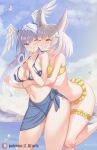  2_girls absurd_res alluring beach big_breasts bikini blue_eyes cleavage grey_hair high_res medium_breasts melia_antiqua multiple_girls nia nia_(blade)_(xenoblade) nia_(xenoblade) nintendo ocean swimsuit water xenoblade_(series) xenoblade_chronicles_1 xenoblade_chronicles_2 yellow_eyes z-ki 