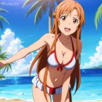 1girl alluring asuna_(sao) auburn_hair beach big_breasts bikini blue_sky brown_eyes cleavage ocean spairk1313 sword_art_online