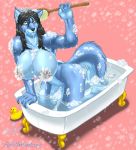  bathing bathtub big_breasts breasts brush bubble bubble_bath canine female furafterdark maxblackrabbit nude pokemon raven_hunt rubber_duck soap soap_bubbles soap_suds solo water wet_fur wolf 