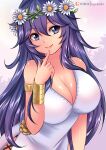  1girl 1girl absurd_res alluring alternate_breast_size alternate_costume big_breasts blue_eyes blue_hair breasts cleavage fire_emblem fire_emblem_awakening flower flower_on_head hair_flower hair_ornament high_res long_hair lucina lucina_(fire_emblem) lucina_(valentine)_(fire_emblem) nintendo smile sugarbell very_long_hair 