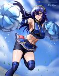  1girl absurd_res alluring artist_name athletic_female bare_shoulders bike_shorts blue_eyes blue_hair blush breasts cheerleader female_abs fire_emblem fit_female hair_between_eyes high_res hocen long_hair looking_at_viewer lucina lucina_(fire_emblem) medium_breasts midriff navel nintendo open_mouth patreon_username pom_pom_(cheerleading) pom_poms sideboob skirt smile stockings teeth thighs tongue vilde_loh_hocen watermark web_address 