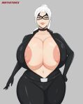  artistdex black_cat_(marvel) blue_eyes bodysuit gigantic_ass gigantic_breasts hourglass_figure marvel mask ponytail smirk white_hair 