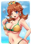 1girl 1girl alluring big_breasts bikini blue_eyes blue_sky breasts brown_hair cleavage crown earrings flower_earrings grin hand_on_own_hip heart jewelry looking_at_viewer mario_(series) navel nintendo one_eye_closed open_mouth princess_daisy shiny_skin sky smile spoken_heart standing sugarbell super_mario_bros. swimsuit water wink