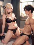  1boy 1girl ai_generated black_bra black_panties blonde_hair blue_eyes ecchi mature_female milf on_bed original sexy 