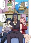 2_girls big_breasts breasts daimyo_(naruto) dark-skinned_male dark_hair fully_clothed headband hinata_hyuuga interracial light-skinned_female long_hair naruho naruto naruto_shippuden pink_hair sakura_haruno short_hair shounen_jump slut sluts slutty_outfit teen teenage_girl whore whores