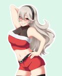  1girl 1girl alluring alternate_costume aqua_background arm_up bare_shoulders belt big_breasts black_hairband breasts cleavage corrin_(fire_emblem) corrin_(fire_emblem)_(female) fire_emblem fire_emblem_fates fur_trim grin hairband high_res long_hair navel nintendo pointy_ears red_eyes red_shorts seityr short_shorts shorts silver_hair simple_background smile 