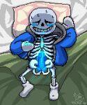 1boy 2022 2d animated_skeleton artist_name artist_signature bed bed_sheet bedroom blanket blue_blush blue_cum blue_jacket blue_penis blush bodily_fluids bottomless clothed clothing cum cum_on_body cum_on_chest cum_on_face cum_on_hand cum_on_own_face cum_on_self cum_on_upper_body cumshot digital_media ectopenis ejaculation erection fallen_ghost_angel_(artist) fluids genitals gloves hooded_jacket hoodie humanoid indoors jacket lying male male_focus male_masturbation male_only masturbation monster monster_boy on_back on_bed orgasm partially_clothed penile penile_masturbation penis pillow pixel_art sans_(undertale) sequential skeleton smooth_penis socks solo_male topless topwear undead undertale undertale_(series) video_game_character video_games white_gloves white_socks