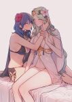 2_girls alluring alternate_costume big_breasts bikini black_bikini black_vs_white blue_eyes blush breasts byleth_(fire_emblem) byleth_(fire_emblem)_(female) byleth_(summer)_(fire_emblem)_(female) cleavage closed_mouth female_focus fire_emblem fire_emblem:_three_houses fire_emblem_heroes flower green_eyes green_hair hair_between_eyes hair_flower hair_ornament hibiscus high_res ikarin imminent_kiss long_hair matching_hair/eyes medium_breasts multiple_girls navel nintendo official_alternate_costume rhea_(fire_emblem) rhea_(summer)_(fire_emblem) sideboob stomach swimsuit teal_hair white_bikini yuri