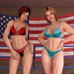 2girls alluring american_flag athletic_female big_breasts black_and_red_hair blonde_hair bra cleavage dead_or_alive dead_or_alive_2 dead_or_alive_3 dead_or_alive_4 dead_or_alive_5 dead_or_alive_6 dead_or_alive_xtreme dead_or_alive_xtreme_2 dead_or_alive_xtreme_3_fortune dead_or_alive_xtreme_beach_volleyball dead_or_alive_xtreme_venus_vacation female_abs fit_female gym mila mila_(doa) panties tecmo tina_armstrong underwear underwear_only v1rwr