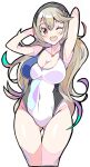  1girl ;d alluring alternate_costume arms_behind_head arms_up arms_up_pose ass_visible_through_thighs big_breasts black_hairband blonde_hair blush breasts cleavage collarbone competition_swimsuit corrin_(fire_emblem) corrin_(fire_emblem)_(female) covered_navel cropped_legs elf enpe fire_emblem fire_emblem_fates groin hairband high_res long_hair looking_at_viewer manakete nintendo one-piece_swimsuit one_eye_closed open_mouth pointy_ears round_teeth simple_background smile swimsuit teeth thick thigh_gap thighs upper_teeth very_long_hair white_background white_swimsuit wink winking 