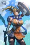 1girl armor belt big_breasts blonde_hair blue_eyes blue_sky breasts cassandra_alexandra cleavage high_res long_hair ponytail project_soul shield shoulder_armor silf skirt sky soul_calibur soul_calibur_ii soul_calibur_iii soul_calibur_vi sword tomo_eokaiteru weapon