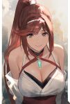  1girl alluring bare_shoulders big_breasts breast_focus breasts chest_jewel cleavage close-up core_crystal criss-cross_halter detached_sleeves female_focus glimmer_(xenoblade) halterneck high_ponytail high_res j@ck japanese_clothes kimono long_hair looking_at_viewer ponytail red_hair smile swept_bangs white_kimono wide_sleeves xenoblade_(series) xenoblade_chronicles_3 xenoblade_chronicles_3:_future_redeemed 