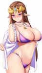  1girl alluring alternate_costume anisdrawn artist_name big_breasts bikini blue_eyes blush brown_hair choker cleavage earrings high_res jewelry long_hair looking_at_viewer navel necklace nintendo open_clothes open_shirt pointy_ears princess_zelda purple_bikini purple_choker shirt sidelocks smile swimsuit the_legend_of_zelda the_legend_of_zelda:_twilight_princess tiara triforce white_background white_shirt 