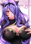  1girl 1girl 1girl 2023 alluring bangs big_breasts big_breasts big_breasts black_clothing black_horns black_tiara blush breasts camilla_(fire_emblem) fanart female_only fire_emblem fire_emblem_fates gold_trim grabbing_own_breast groping_breasts hair_over_one_eye headwear heart long_hair looking_at_viewer nintendo nipples_visible_through_clothing parted_lips pink_lips purple_eyebrows purple_eyes purple_hair purple_nail_polish purple_nails smile sugarbell voluptuous wavy_hair 