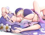  1girl 1girl alluring big_breasts bikini camilla_(fire_emblem) fire_emblem fire_emblem_fates fire_emblem_heroes flower flower_in_hair gonzarez laying_down light-skinned_female long_hair looking_at_viewer nintendo one_eye_covered one_eye_obstructed purple_bikini purple_eyes purple_fingernails purple_hair purple_swimsuit smile white_background 