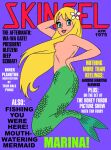  1girl 2020 anime blue_eyes english_text flower flower_in_hair green_scales hair_ornament hans_christian_andersen&#039;s_the_little_mermaid kneel long_hair medium_breasts mermaid mermaid_tail princess_marina sexy_body sideboob skincel toonytease topless yellow_hair 