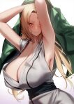  1girl 1girl armpits arms_behind_head arms_up bangs bare_shoulders big_breasts big_breasts blonde_hair blush breasts brown_eyes clavicle cleavage closed_mouth clothed_female clothing facial_mark fanbox_reward female_only forehead_mark green_jacket high_res high_resolution holding_jacket huge_breasts jacket jacket_removed kimono long_hair looking_at_viewer lun7732 mature mature_female naruto naruto_shippuden obi one_arm_up one_eye_closed parted_bangs pivix_fanbox robe sash simple_background sleeveless smile solo_female tagme tsunade very_high_resolution wafuku white_background white_kimono 