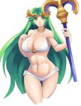  1girl abs alluring alternate_breast_size alternate_costume athletic_female big_breasts bikini breasts female_abs fit_female green_eyes green_hair holding holding_object holding_staff kid_icarus light-skinned_female light_skin looking_at_viewer medium_hair nintendo open_mouth palutena staff swimsuit watermark zipskyblue 