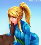  1boy 1girl abs ass bimbo blonde_hair blue_eyes bodysuit breasts dark-skinned_male dark_skin edit fellatio female_focus gradient_background human interracial kissing lips little_mac long_hair male metroid neocoill nintendo nose oral payot penis ponytail punch samus_aran scrunchie skin_tight solo_focus straight super_smash_bros. super_smash_bros_wii_u text tied_hair tumblr_username uncensored unseen_male_face veins veiny_penis zero_suit_samus 