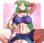 1boy 1girl abs alluring arcedo arm_grab ass athletic_female bare_midriff big_ass big_breasts breasts cleavage female_abs female_focus fit_female green_eyes green_hair guided_breast_grab kid_icarus long_hair lucina_(fire_emblem) midriff palutena shorts smile solo_focus squatting stretching thick_thighs very_long_hair