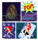  1girl 2024 blue_background blue_eyes breasts bubble bucket cards closed_eyes comic crossover disney dream dreaming falling_down lipstick navel night nightmare nipples open_eyes open_mouth princess_ariel pussy red_hair sexy sexy_body splash_woman splashing the_little_mermaid toy_story_2 