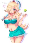 1girl alluring big_breasts blonde_hair blue_eyes blue_skirt blue_tubetop cleavage earring hair_over_one_eye heart low_cut_top mario_(series) mario_tennis miniskirt nintendo princess_rosalina rosalina sugarbell super_mario_bros. tennis_ball tennis_racket tubetop